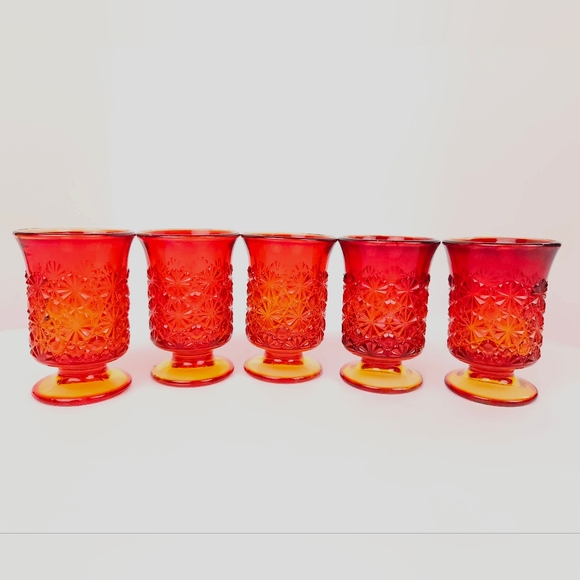 Amberina Daisy Button Glasses Set Of 5 Red Orange Art Glass 3.75 " Tall Vintage - Picture 4 of 16